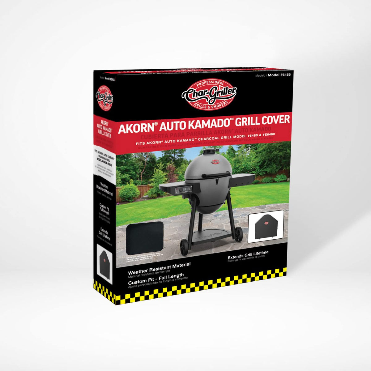 Char-Griller AKORN cover in use; extends grill life by guarding from elements.