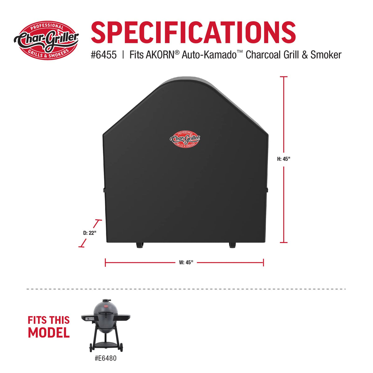 Char-Griller AKORN cover materials; PVC lining shields grill year-round.