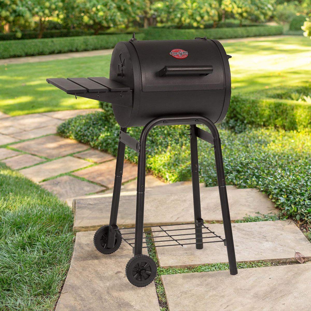 Char-Griller Patio Pro 44in height offers easy access during cookouts.