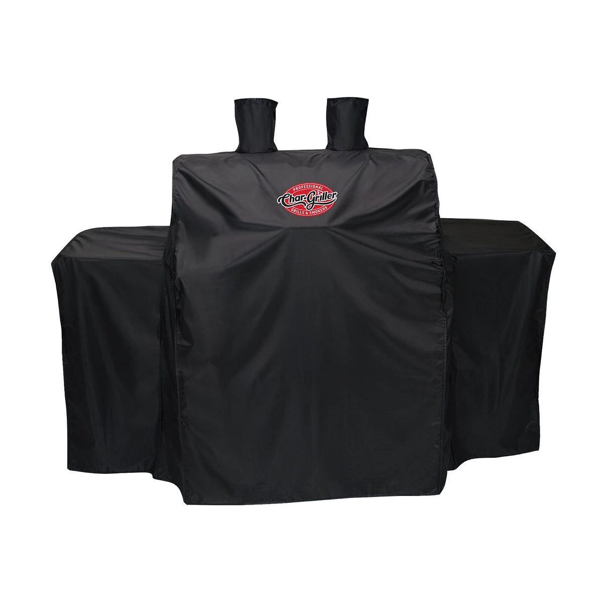 Char-Griller universal 3-burner grill cover over grill protecting from rain and dust.