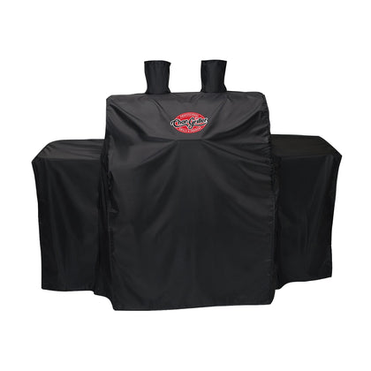 Char-Griller universal 3-burner grill cover over grill protecting from rain and dust.