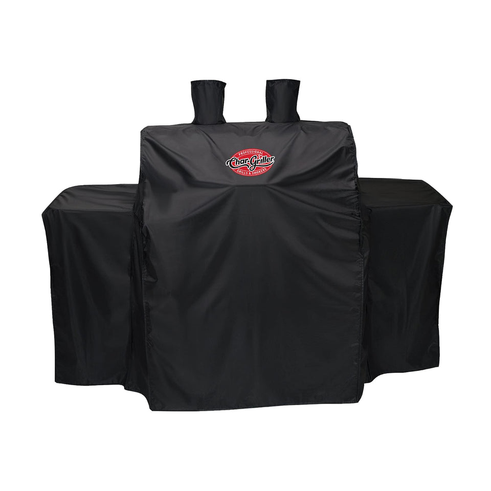 Char-Griller universal 3-burner grill cover over grill protecting from rain and dust.