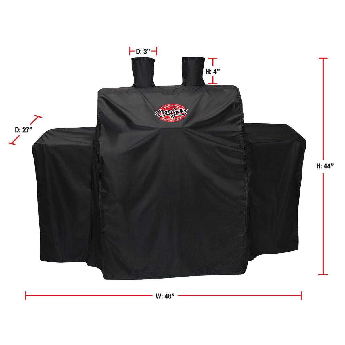 Char-Griller adjustable-fit cover snugly over smoke stacks.