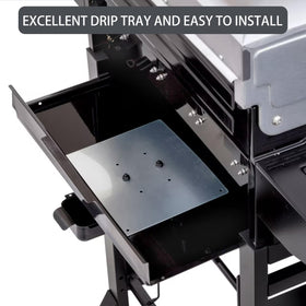 Charbrofire drip pan with catch pan helps channel drippings away from the grill.