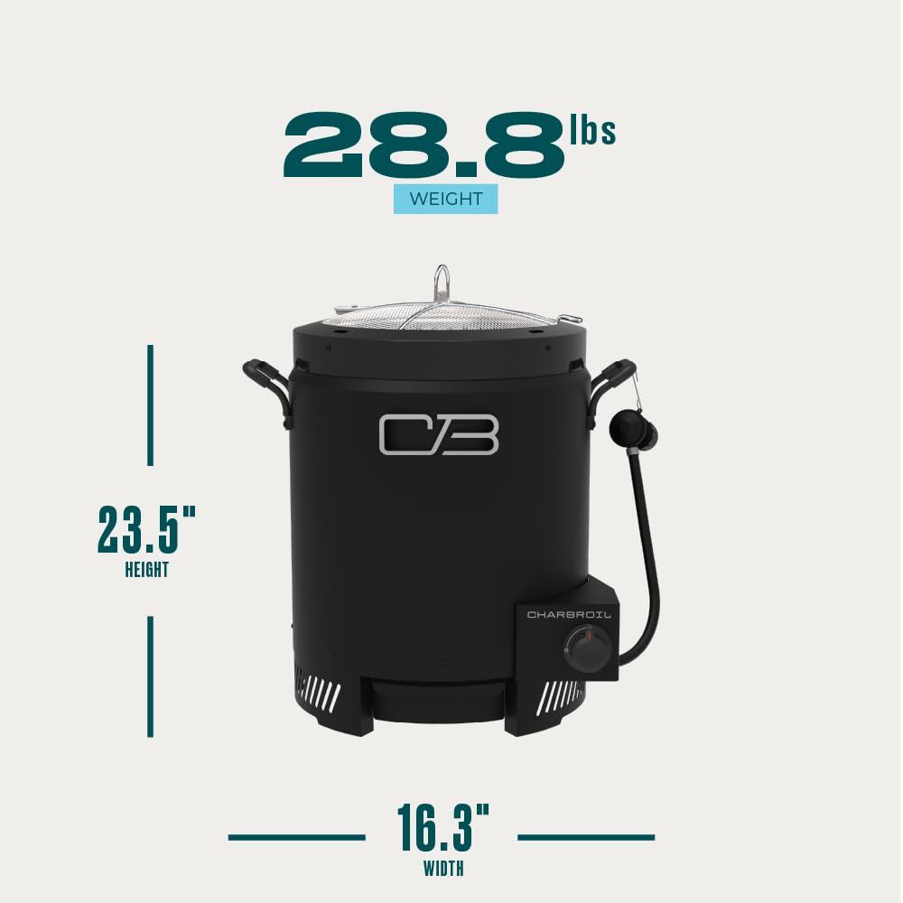 Charbroil Big Easy 16,000 BTU propane powers fast cooking.