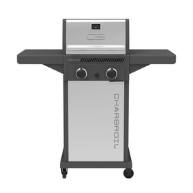Charbroil Performance Series 2-Burner front view highlighting compact cabinet design for organized outdoor cooking.