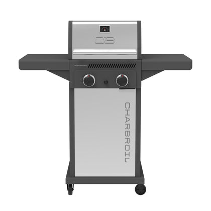 Charbroil Performance Series 2-Burner front view highlighting compact cabinet design for organized outdoor cooking.