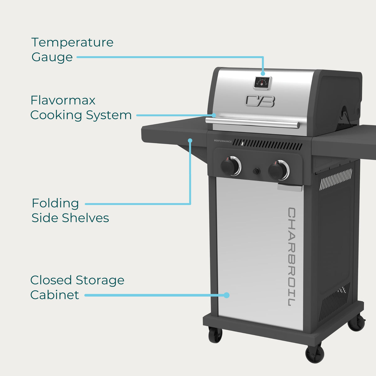 Charbroil Performance Series porcelain-coated grates deliver even sear and rust resistance.