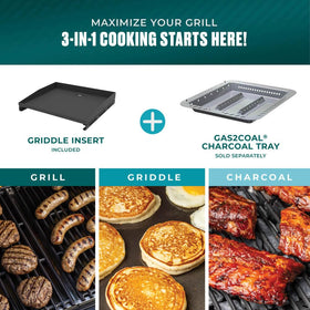 Gas2Coal tray demonstrates optional charcoal flavor addition.