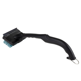 Charbroil Safer Replaceable Head Grill Brush XL with scraper blade in action on baked-on residue