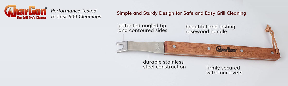 CharGon BBQ angled tip design demonstrates safe cleaning on hot or cold rods