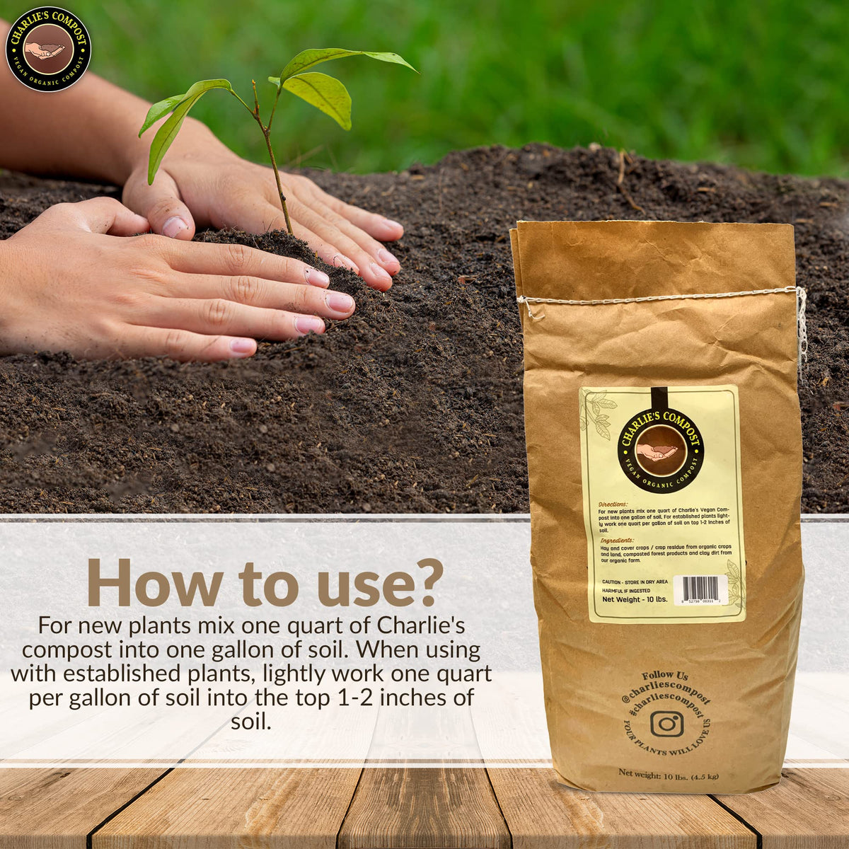 Charlie's Vegan Compost 10 lb bag ready for home composting and soil enrichment.