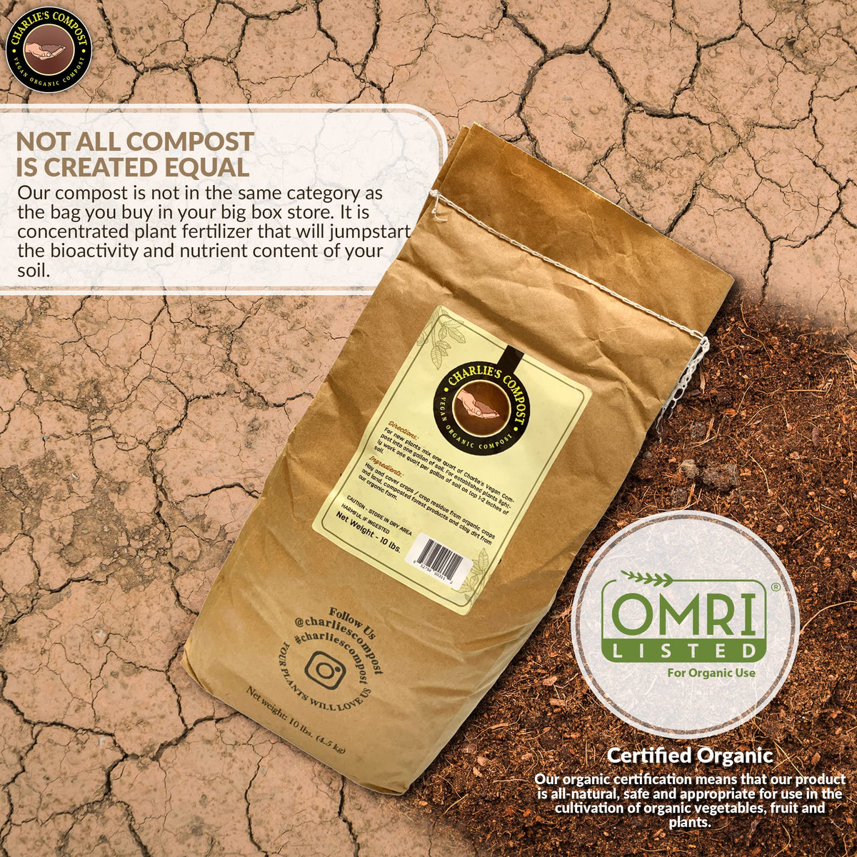 Charlie's Vegan Compost in garden bed boosting soil health and structure.