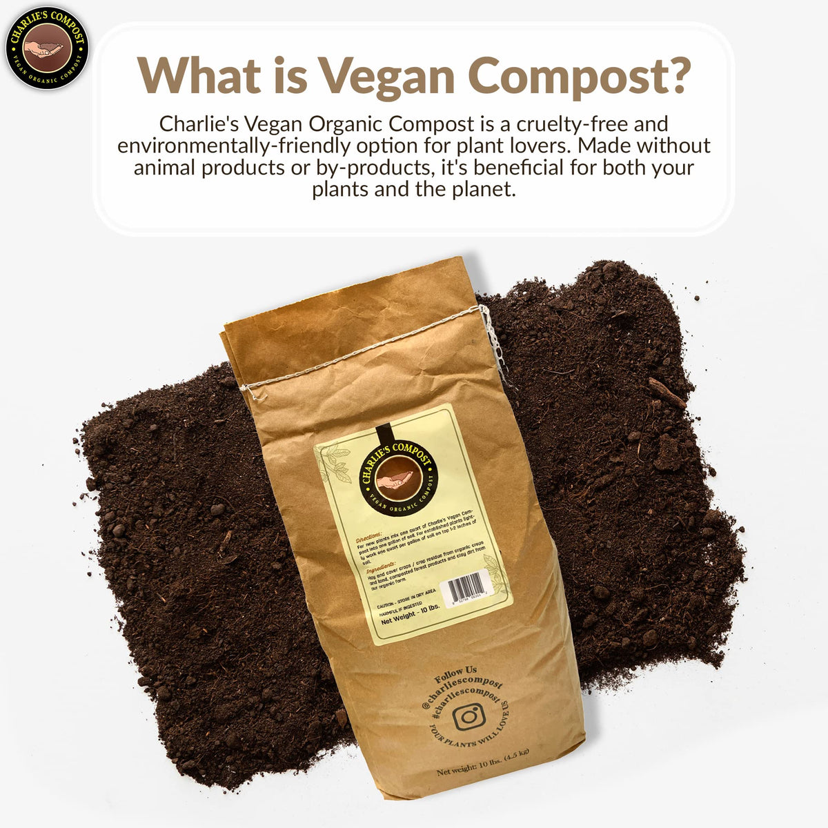 Charlie's Vegan Compost ingredients forest byproducts and clay dirt enriching soil.