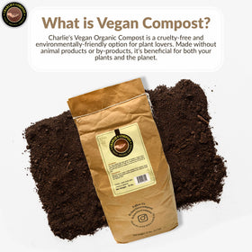 Charlie's Vegan Compost ingredients forest byproducts and clay dirt enriching soil.