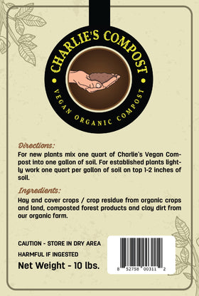 Charlie's Vegan Compost ingredients hay and cover crops visible in the bag.