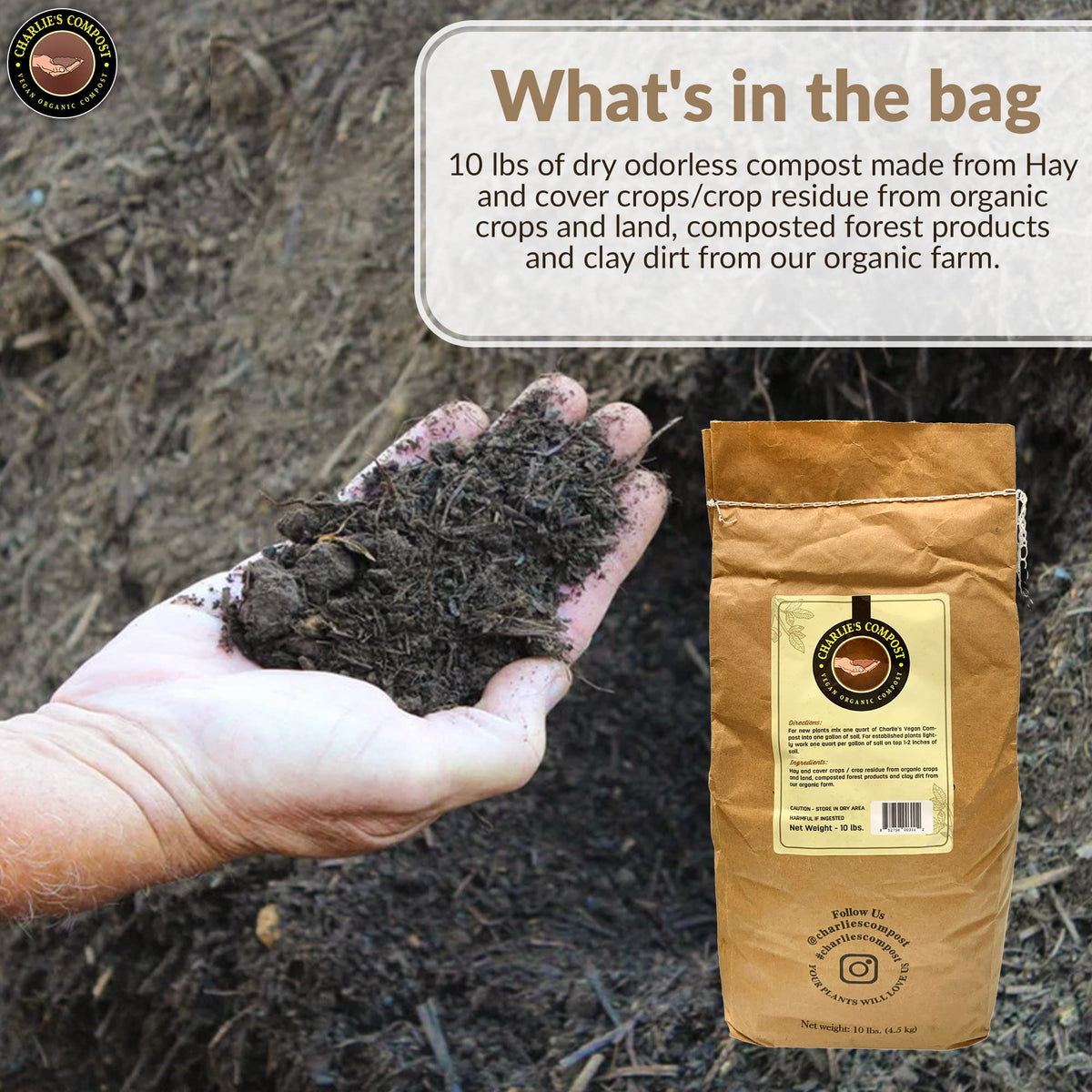 Charlie's Vegan Compost no odor feature highlighted for indoor gardening.