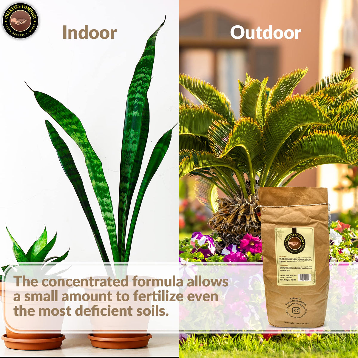 Charlie's Vegan Compost packaging highlights sustainable gardening benefits.