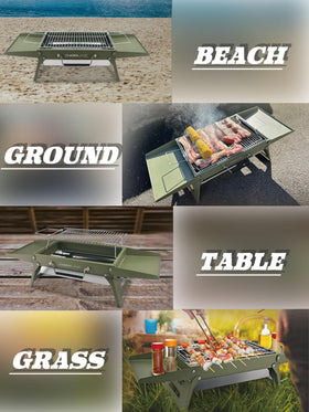 Charmline charcoal BBQ grill stable setup on beach or grass for calm cooking.