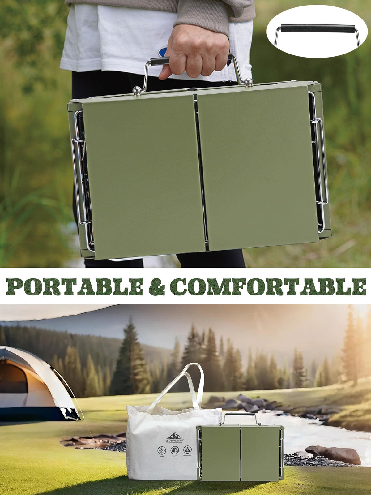 Charmline easy-clean grill grate and tray simplify post-meal cleanup.