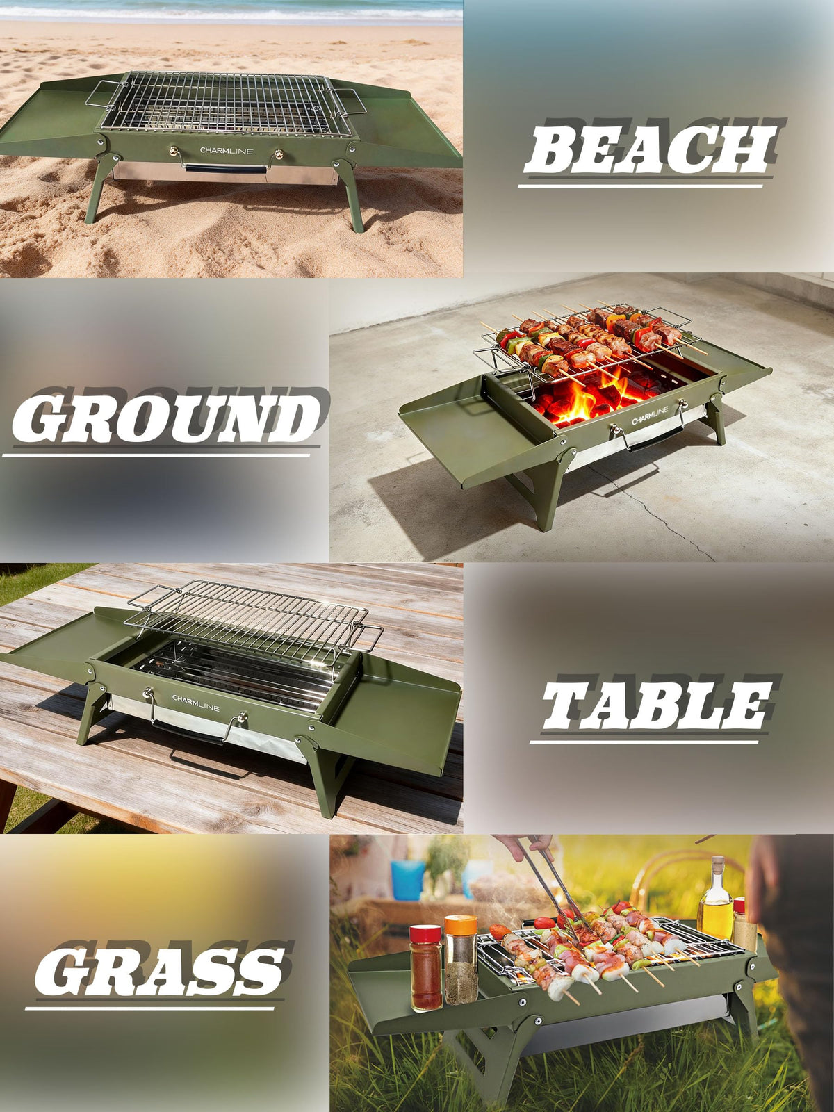 Charmline stable setup on beach, grass, or tabletop surfaces.