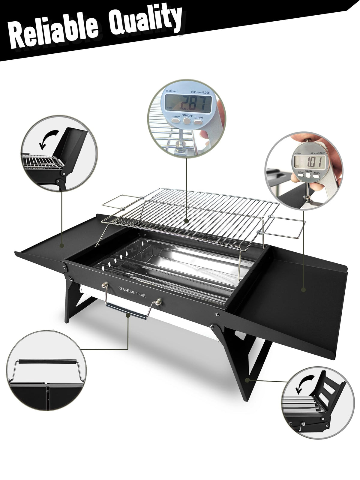 Charmline smooth grill grate and tray ease post cook cleaning.