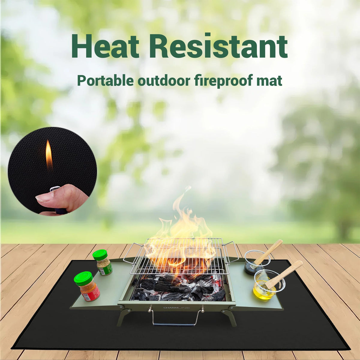 Charmline Fireproof Grill Mat provides 32 by 20 inch coverage for compact spaces.