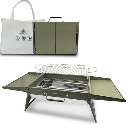 Charmline foldable charcoal BBQ grill folded for compact portability on camping trips.