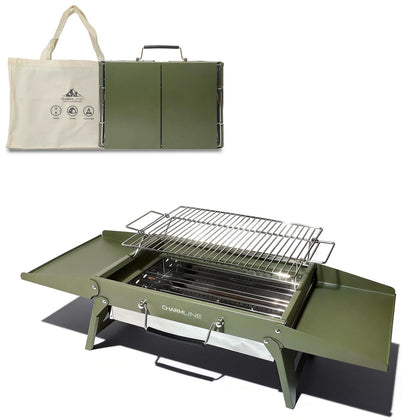 Charmline portable charcoal BBQ grill folded green for easy transport and storage.