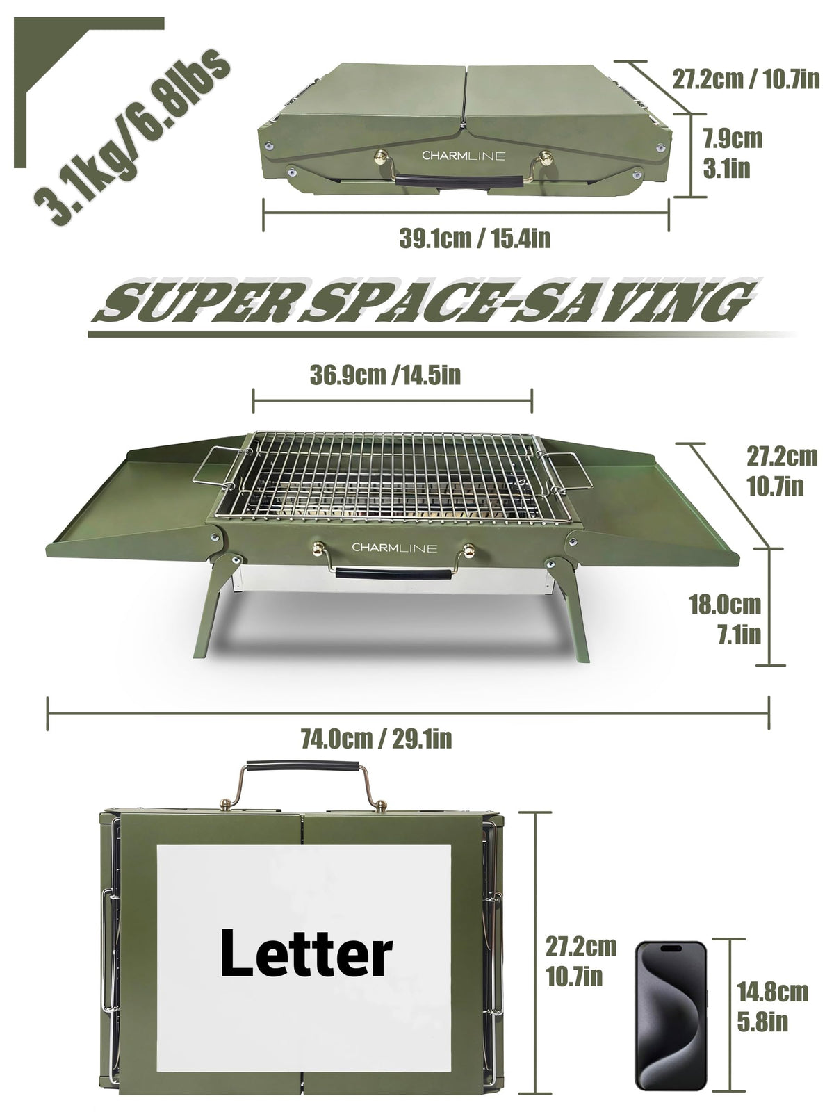 Charmline open-design grill with sauce area for convenient cooking.