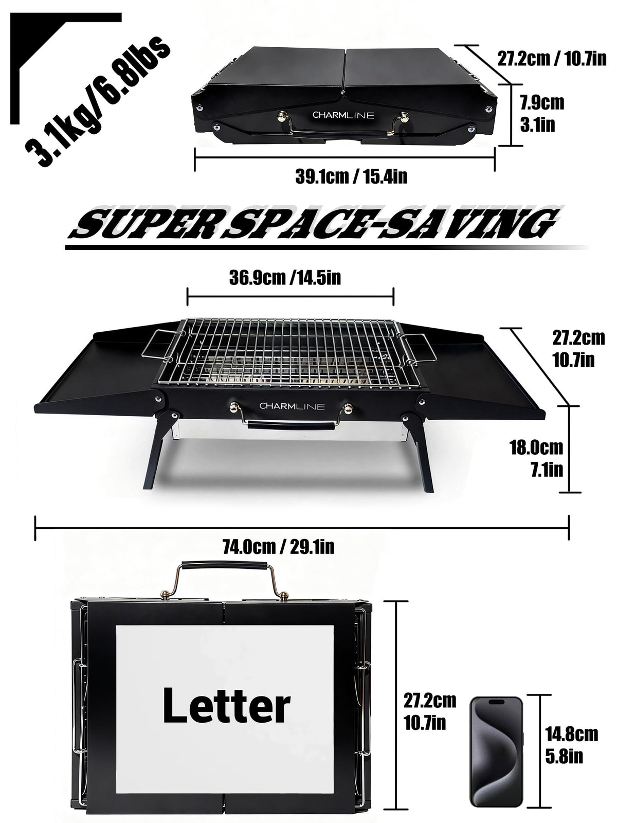 Charmline portable charcoal grill opened for tabletop cooking at campsite