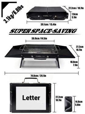 Charmline portable charcoal grill opened for tabletop cooking at campsite