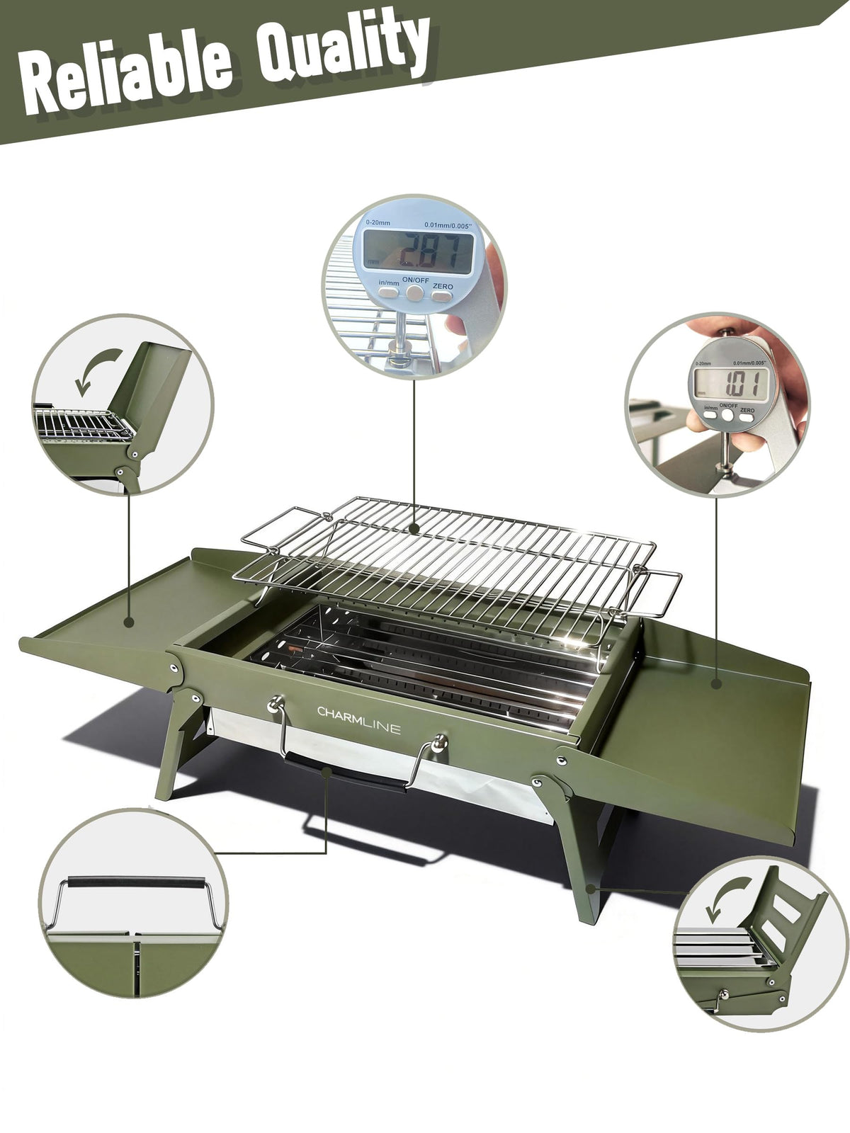 Charmline compact, foldable grill fits in small bags for camping trips.