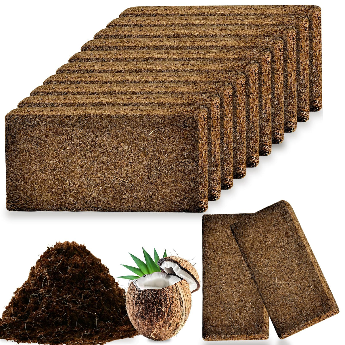 Cheardia coconut coir brick expands in water for lightweight planting substrate.