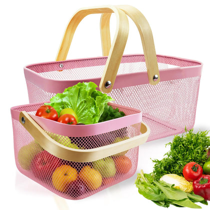 Cheardia large pink metal mesh picnic basket shown ready to carry items