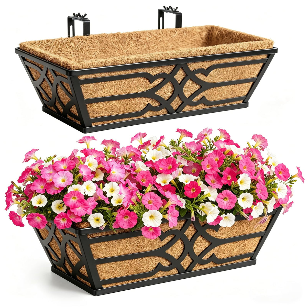 Cheehigo 2-pack 16in railing planter box with coco liner ideal for balcony greenery.