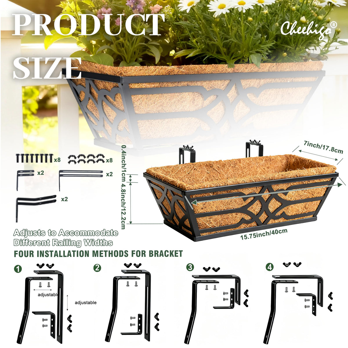 Cheehigo durable metal railing planter with black finish enhances any outdoor space.