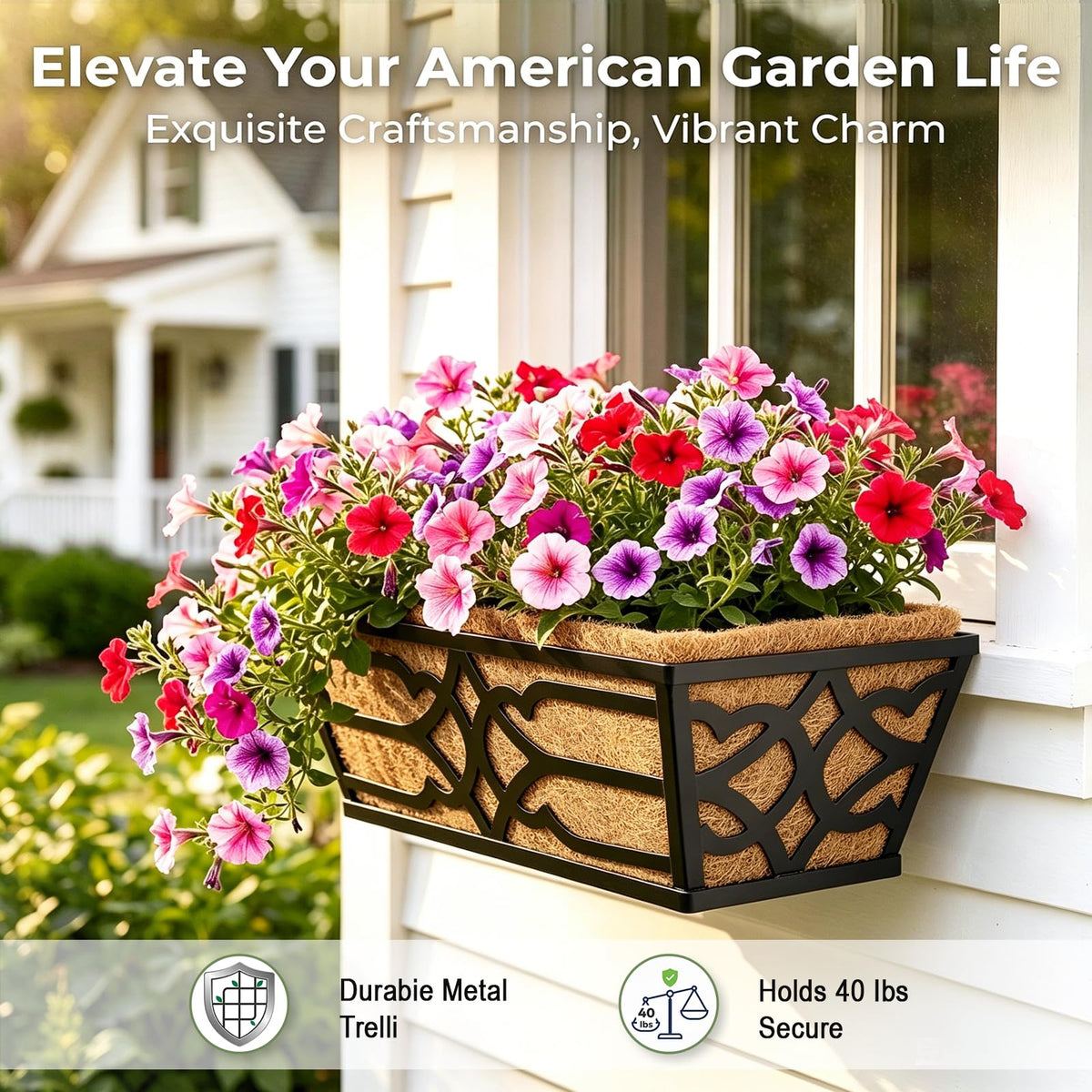 Cheehigo window box planter on deck railing using metal construction for durable outdoor display.