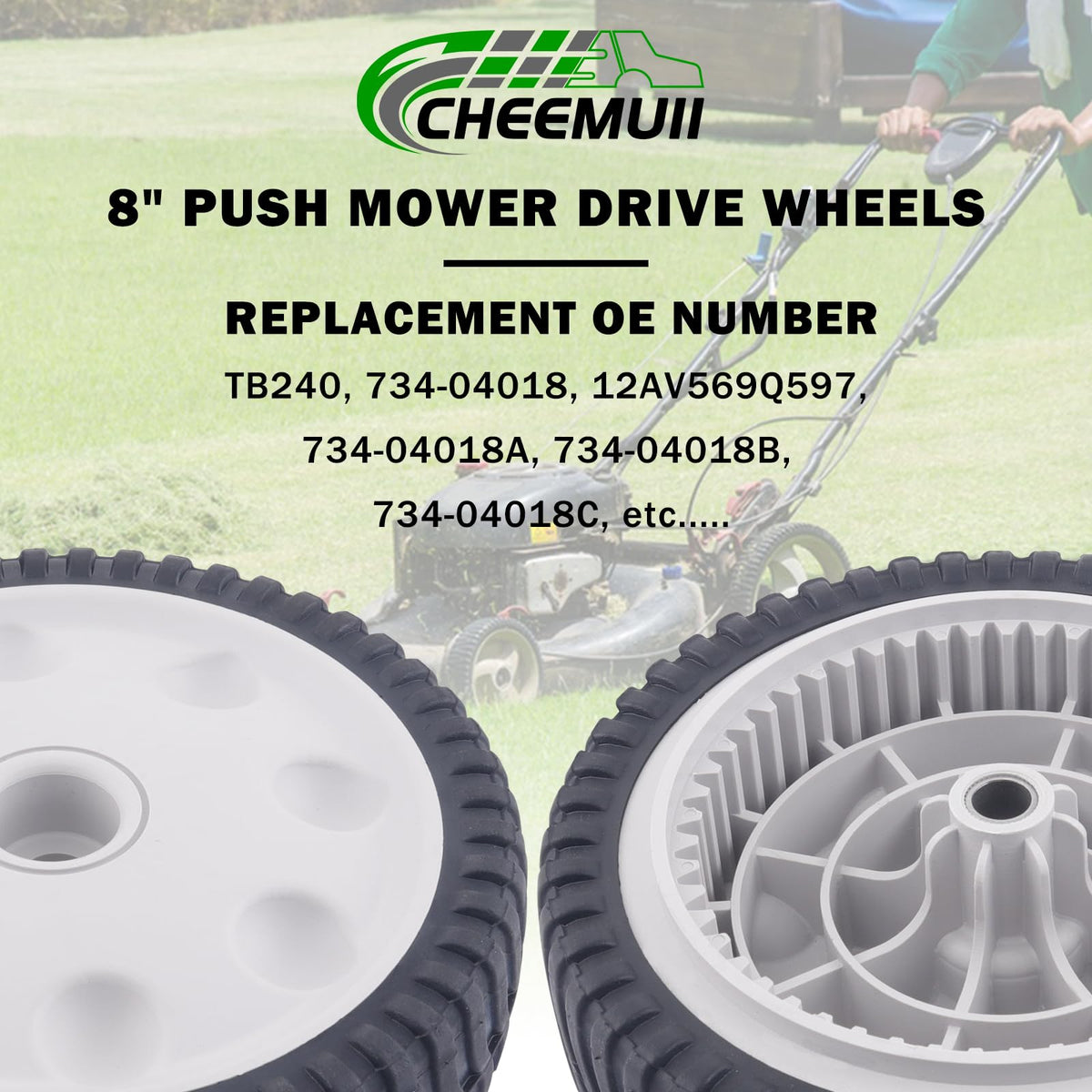 CheeMuii 734-04018 series wheel close-up shows gray hub and drive compatibility