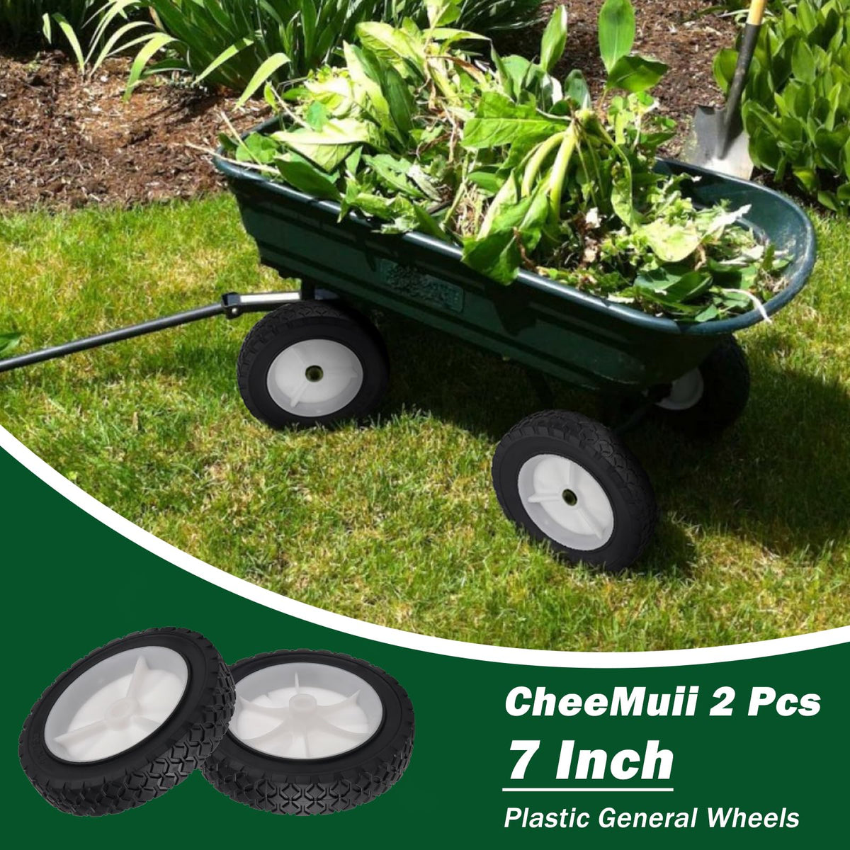 CheeMuii 7-inch wheels shown installed on a mower for easy replacement.