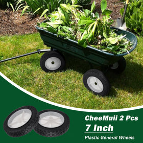 CheeMuii 7-inch wheels shown installed on a mower for easy replacement.