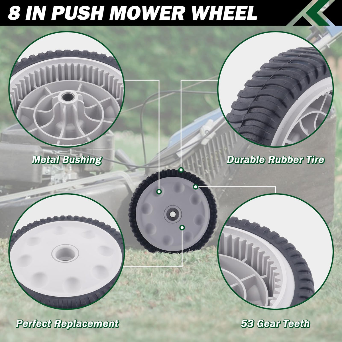 CheeMuii 8in lawn mower wheel close-up highlights sturdy plastic hub and gears