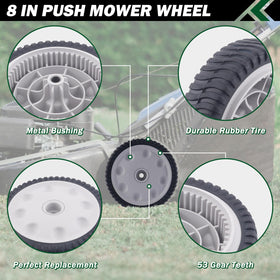 CheeMuii 8in lawn mower wheel close-up highlights sturdy plastic hub and gears