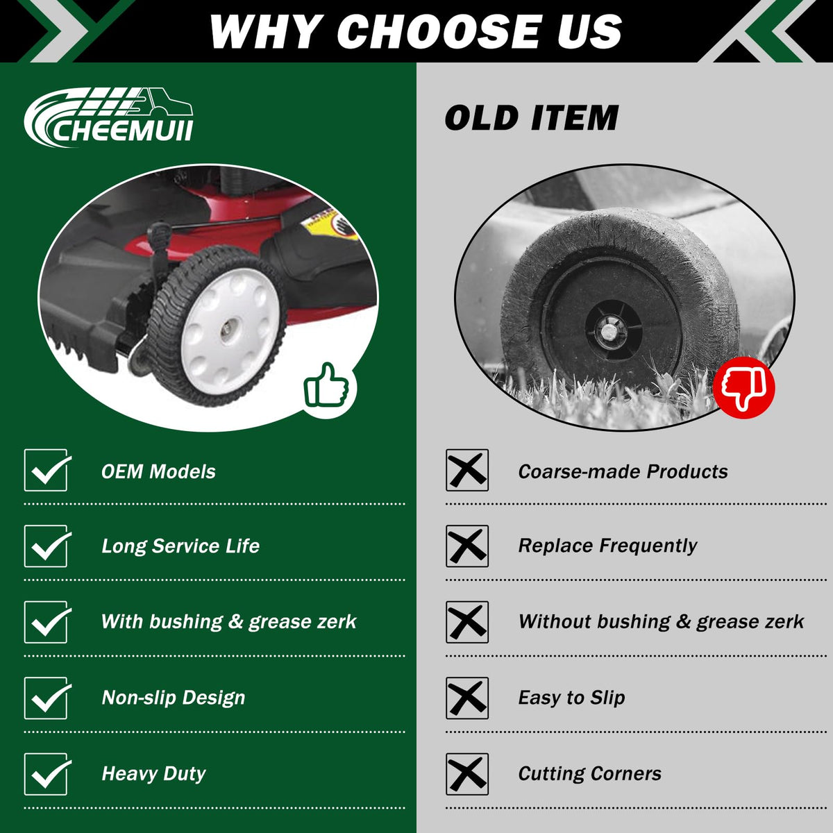 CheeMuii four-pack wheels ready for replacement in a variety of walk-behind mowers