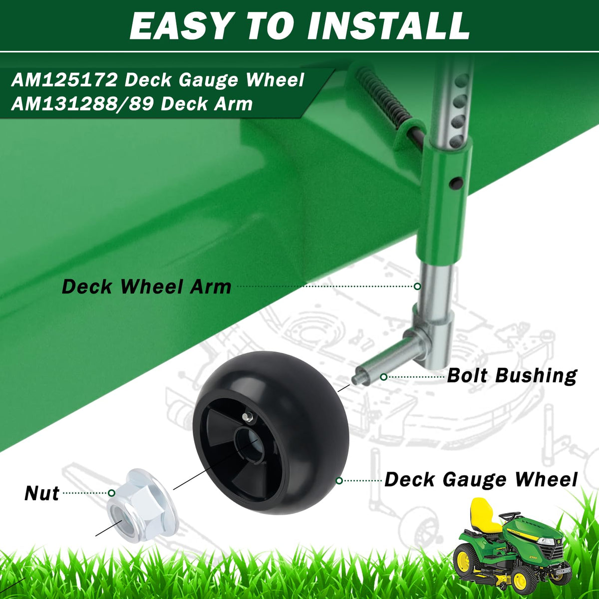 CheeMuii John Deere compatibility—fits X400 to X700 mower decks.