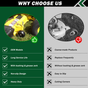John Deere deck compatibility across 48 to 72 inch ranges.
