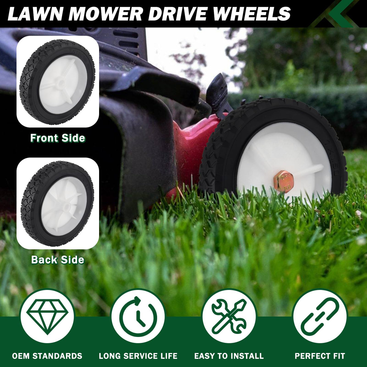 CheeMuii lawn mower wheel tread close-up highlights anti-slip traction