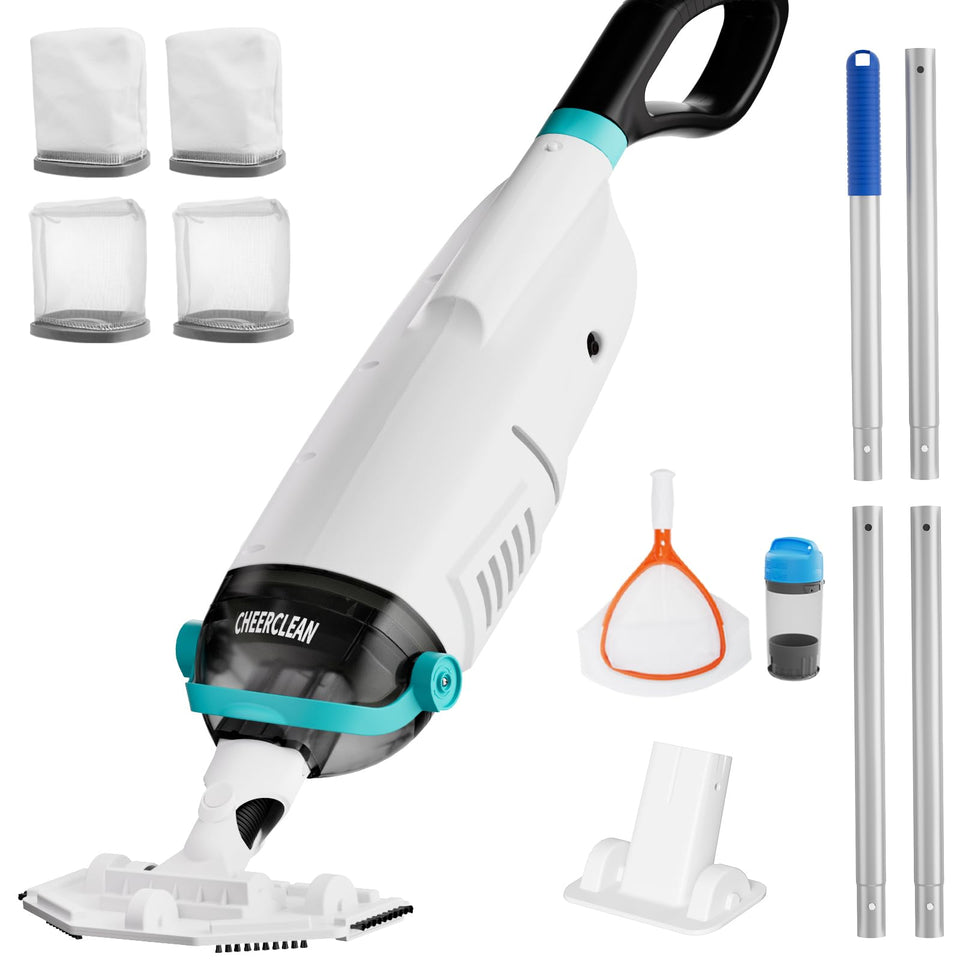 Cheerclean cordless handheld pool vacuum front view shows sleek design and strong suction benefits