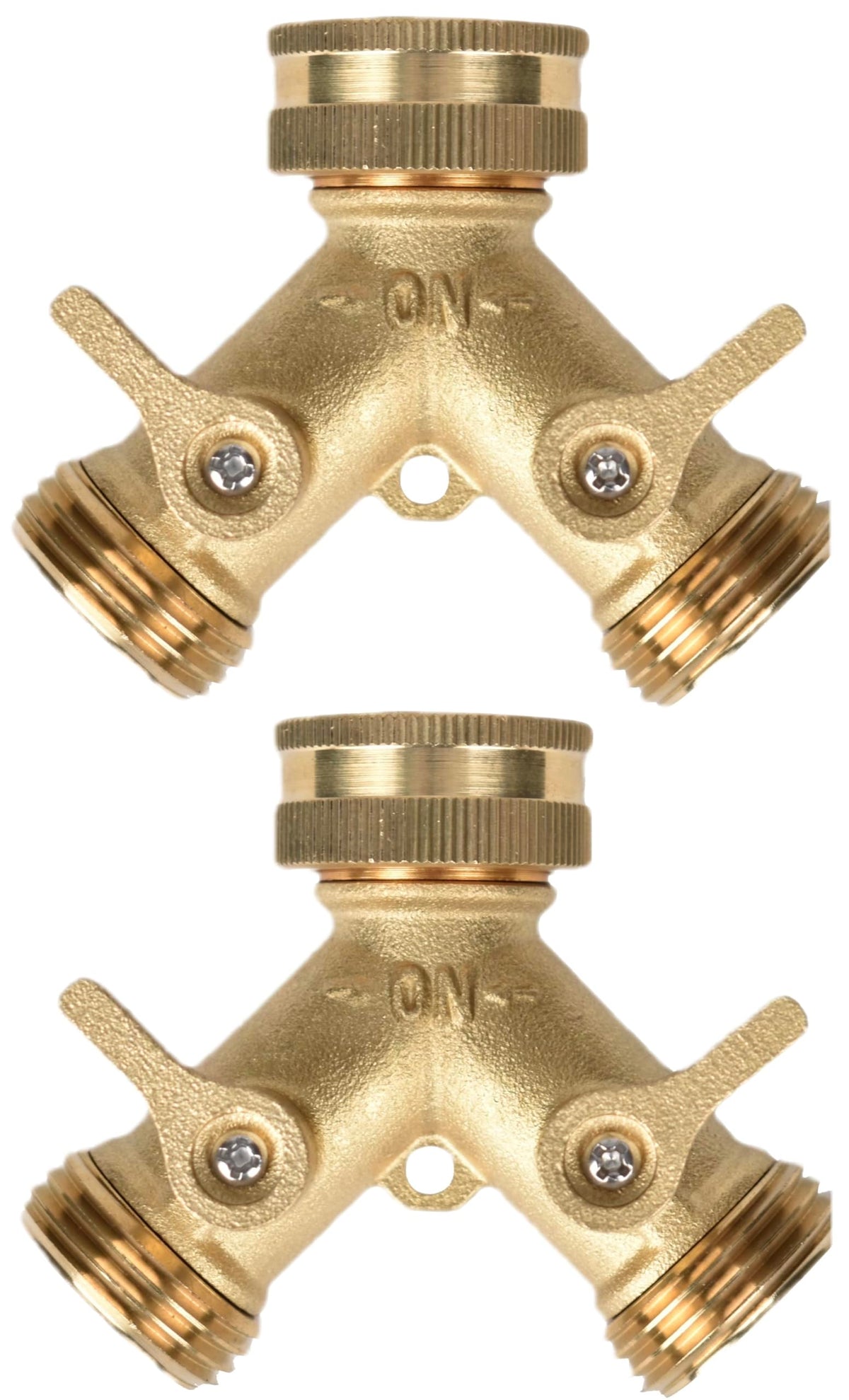 Cheerwater A30009B heavy-duty brass hose splitter side view showing solid handles for durability