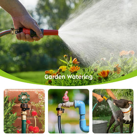 Cheerwater brass shut-off valve connector in use with standard garden hose.